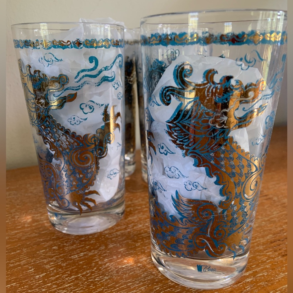 Rare MCM Cera Blue/ Gold Dragon Highball Glasses Set